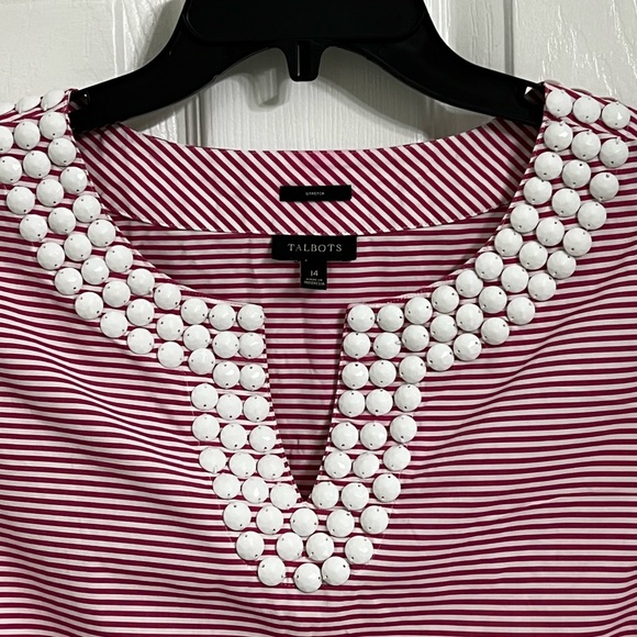 Ann Taylor pink and white striped beaded collar sleeveless shirt . Size 14 - Picture 2 of 6